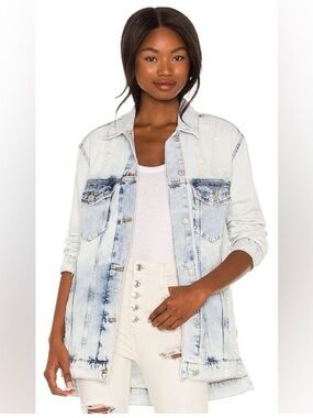 Free People We The Free Longline Distressed Denim Jacket Acid Wash Oversized